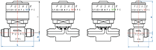 Pneumatic diaphragm valve PUSHER DV520H-NC -MV4-BA-LS 1/4"MVCR,SS316L,3000psig,N.C,BA class, with limit switch